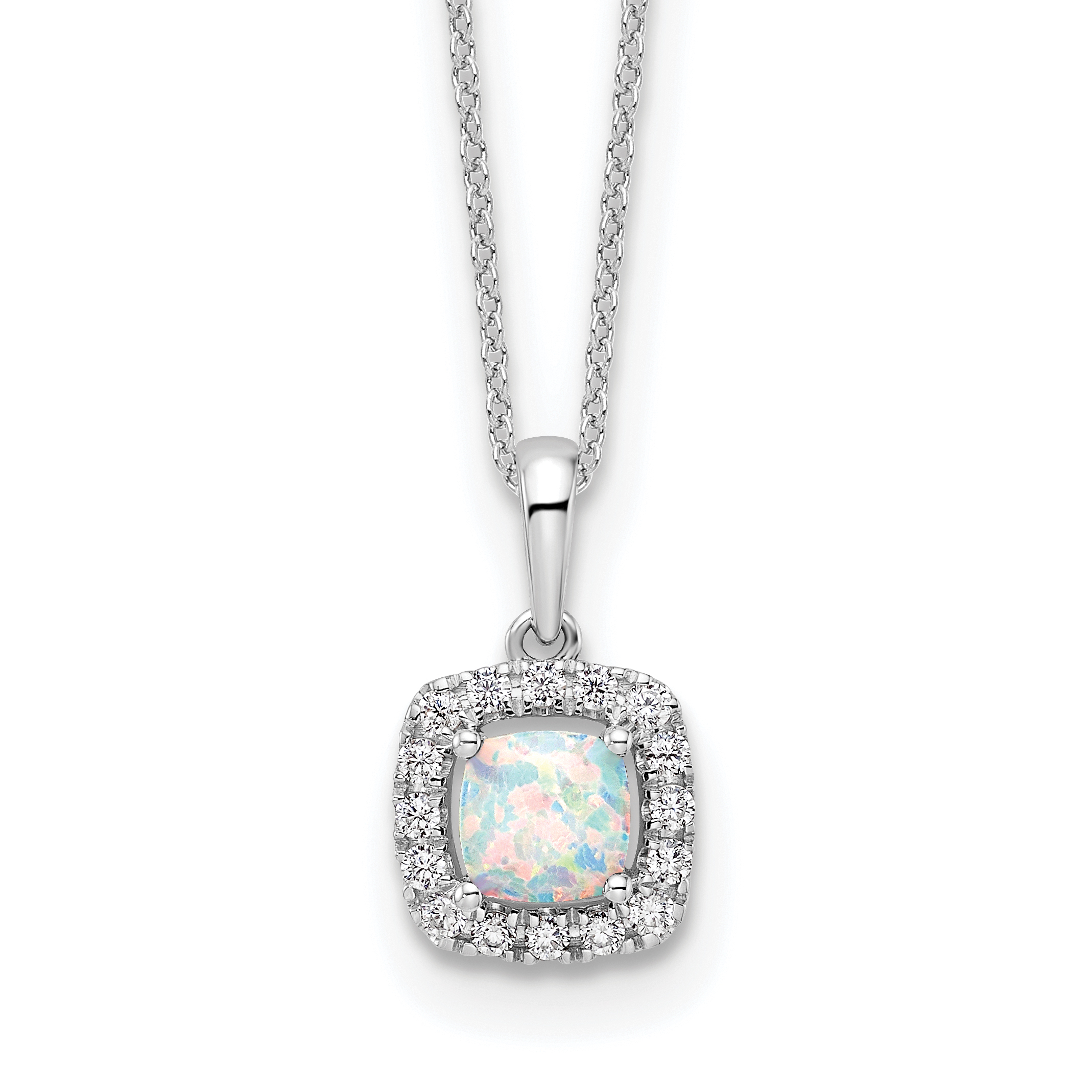10k White Gold 1/4 carat Lab Grown Diamond VS/SI+ G+ and Created Opal Complete 18 inch Pendant Necklace (PM9037-COP-0WLG-18)