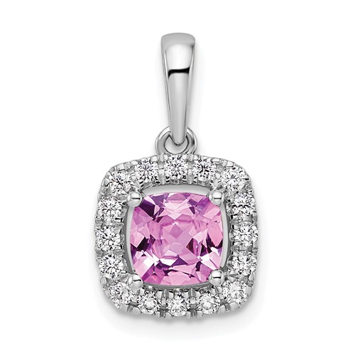 14K White Gold 0.25 Carat Lab Grown Diamond VS SI+ G+ October Birthstone Lab Created Pink Sapphire Halo Pendant