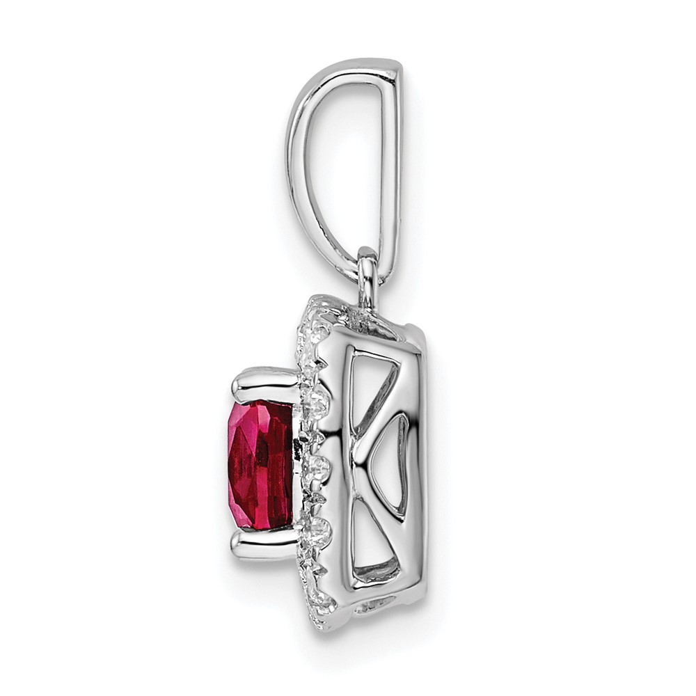 14k White Gold 1/4 carat Lab Grown Diamond VS/SI+ G+ July Birthstone Lab Created Ruby Halo Pendant (PM9037-CRU-028-WLG)
