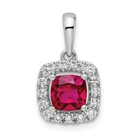 14K White Gold 0.25 Carat Lab Grown Diamond VS SI+ G+ July Birthstone Lab Created Ruby Halo Pendant view 1