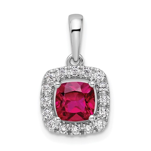 14K White Gold 0.25 Carat Lab Grown Diamond VS SI+ G+ July Birthstone Lab Created Ruby Halo Pendant