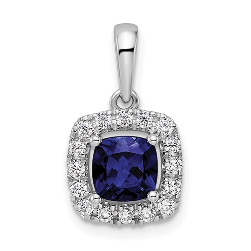 14K White Gold 0.25 Carat Lab Grown Diamond VS SI+ G+ September Birthstone Lab Created Blue Sapphire Halo Pendant