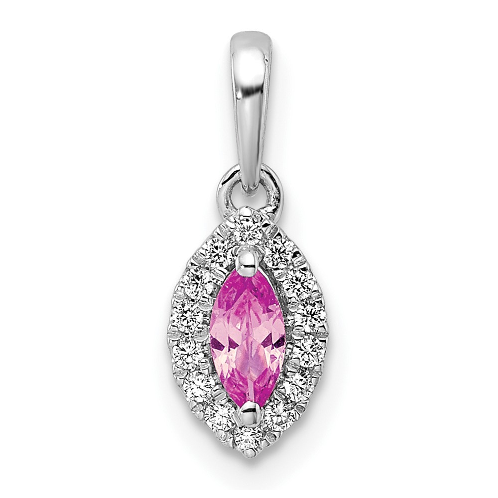 14k White Gold 1/10 carat Lab Grown Diamond VS/SI+ G+ and Lab Created Pink Sapphire October Birthstone Pendant (PM9354-CPS-010-WLG)