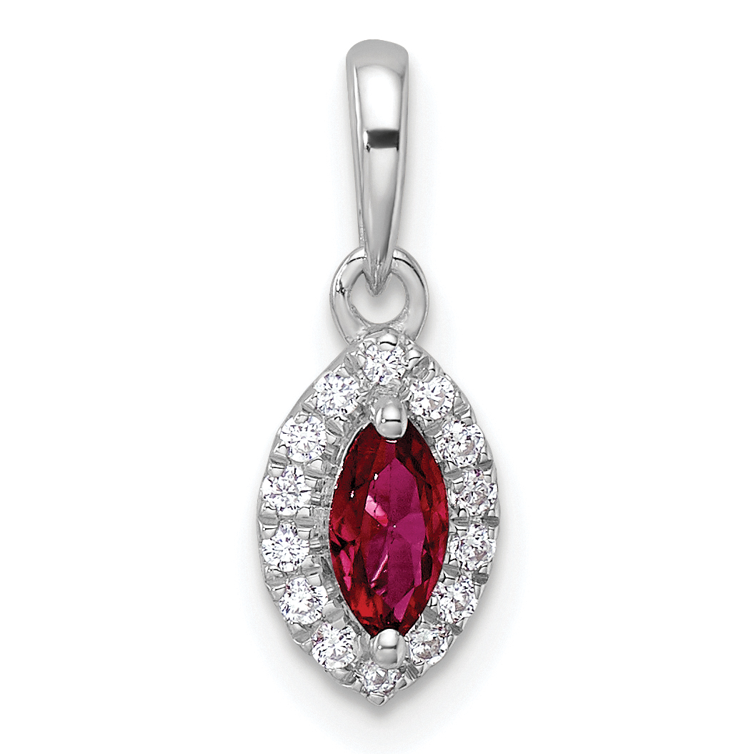 14k White Gold 1/10 carat Lab Grown Diamond VS/SI+ G+ and Lab Created Ruby July Birthstone Pendant (PM9354-CRU-010-WLG)