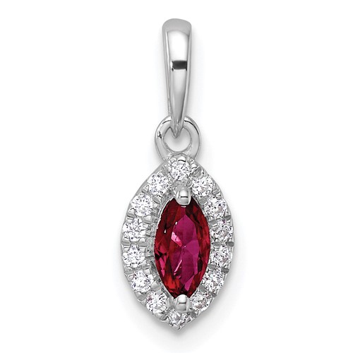 14k White Gold 1/10 carat Lab Grown Diamond VS/SI+ G+ and Lab Created Ruby July Birthstone Pendant