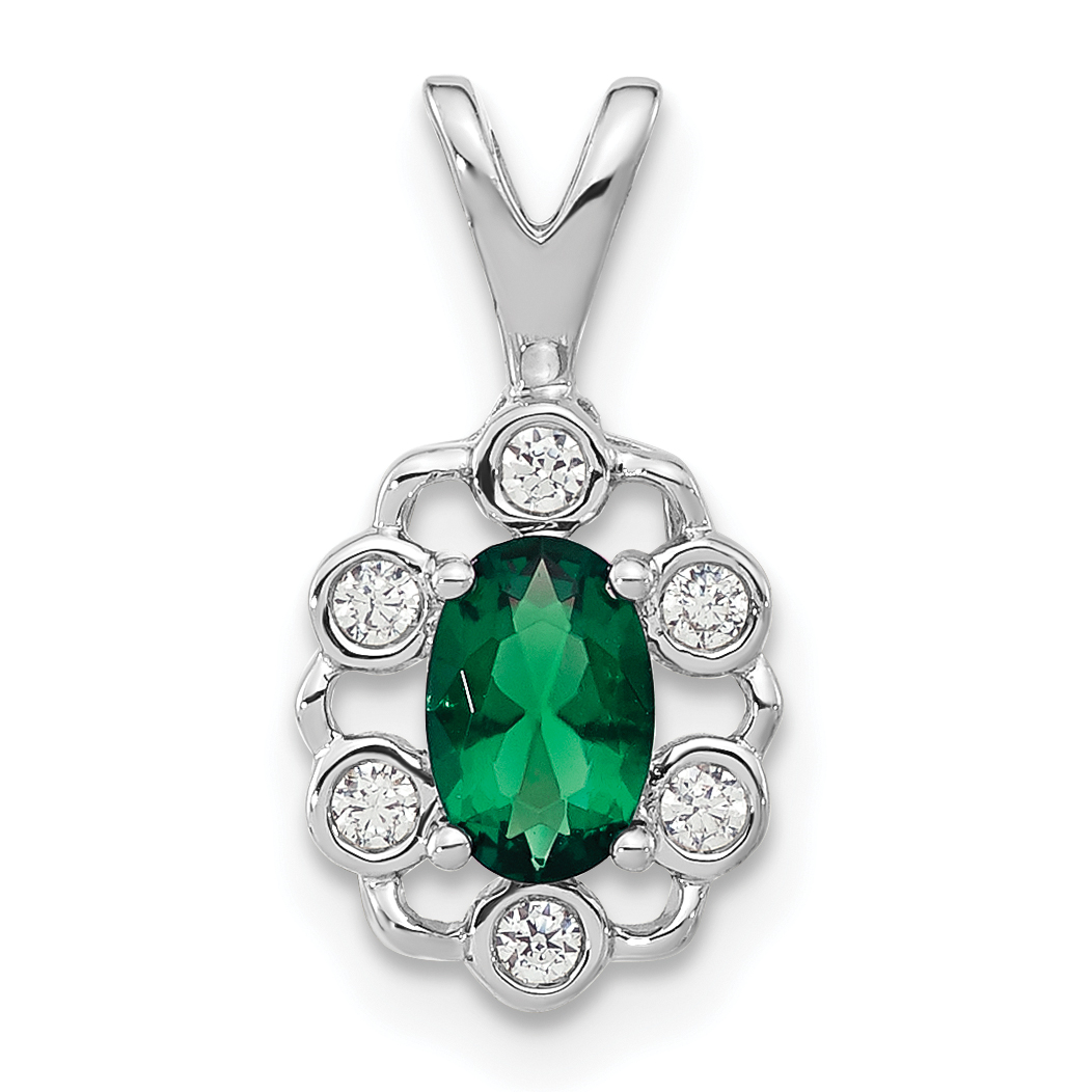 14k White Gold 1/10 carat Lab Grown Diamond VS/SI+ G+ and Lab Created Emerald Pendant (PM9657-CEM-009-WLG)