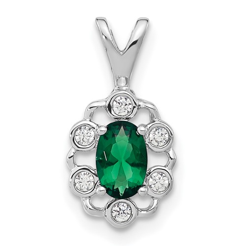 14K White Gold 0.10 Carat Lab Grown Diamond VS SI+ G+ and Lab Created Emerald Pendant