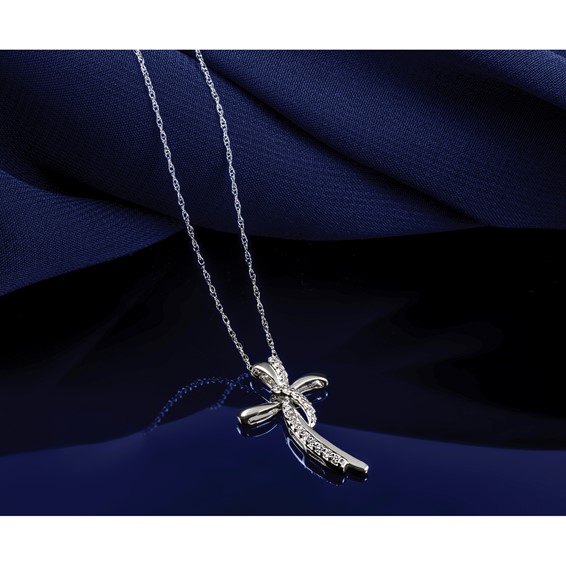 14k White Gold 1/8 carat Lab Grown Diamond VS/SI+ G+ Complete 18 inch Cross Pendant Necklace