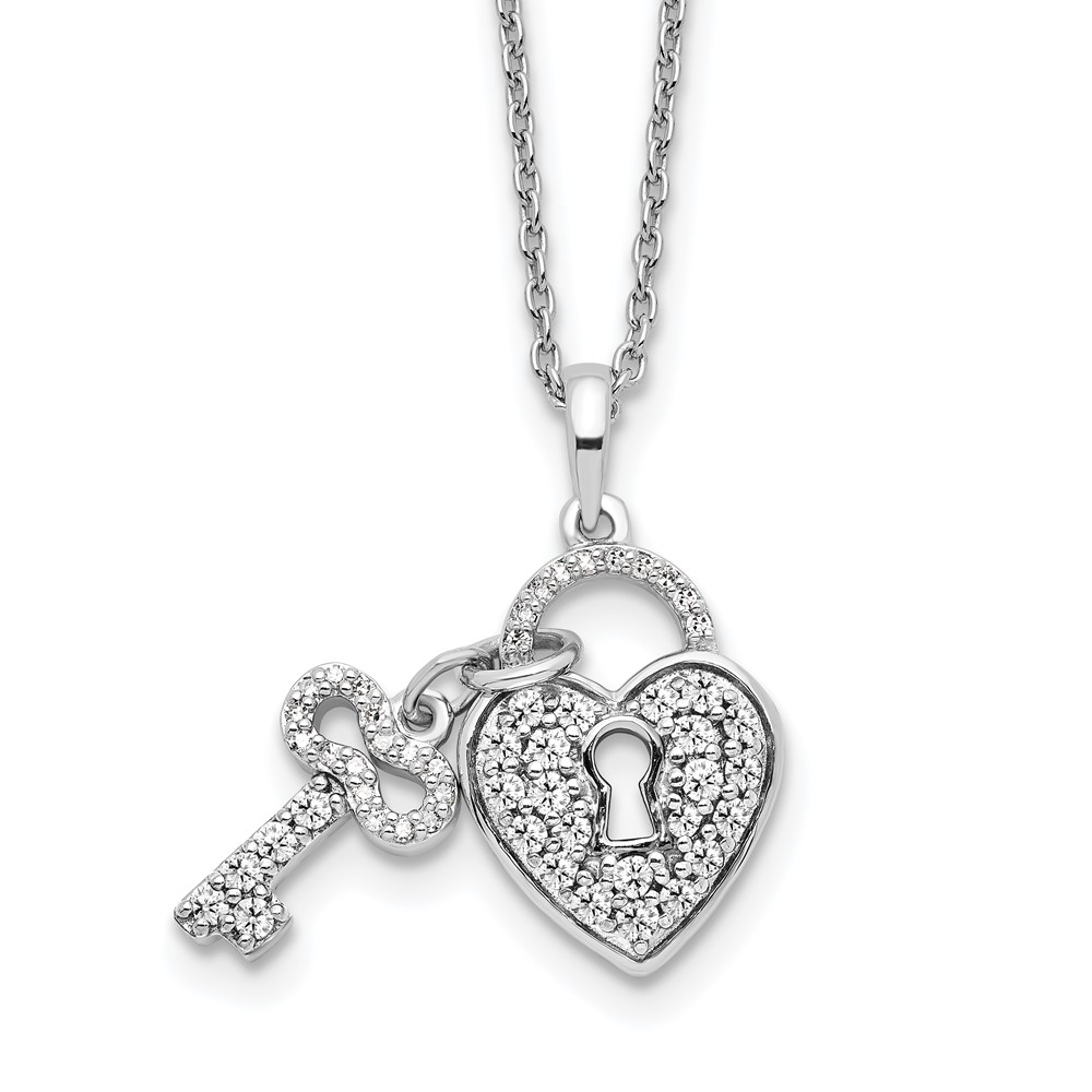 14K White Gold 0.50 Carat Lab Grown Diamond VS SI+ G+ Complete Heart Lock and Key Pendant Necklace, 18"