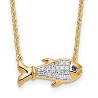 14K Yellow Gold 0.17 Carat Lab Grown Diamond VS SI+ G+ Complete and Created Sapphire Fish Necklace, 18" view 1