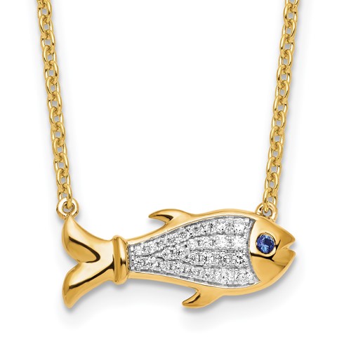 14K Yellow Gold 0.17 Carat Lab Grown Diamond VS SI+ G+ Complete and Created Sapphire Fish Necklace, 18"