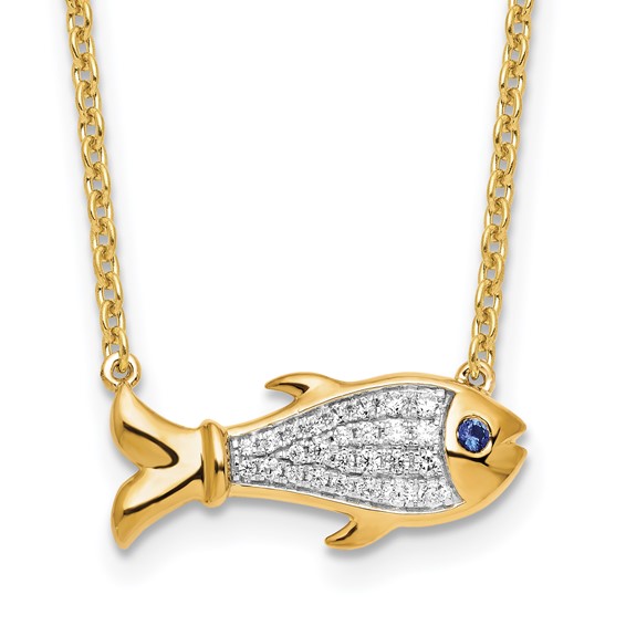 14k 1/6 carat Lab Grown Diamond VS/SI+ G+ Complete and Created Sapphire Fish 18 inch Necklace