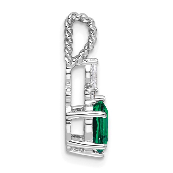 14K White Gold Diamond and 7x5 Oval May/Lab Created Emerald Twisted Chain Slide