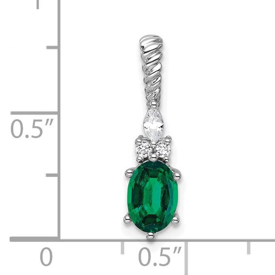 14K White Gold Diamond and 7x5 Oval May/Lab Created Emerald Twisted Chain Slide