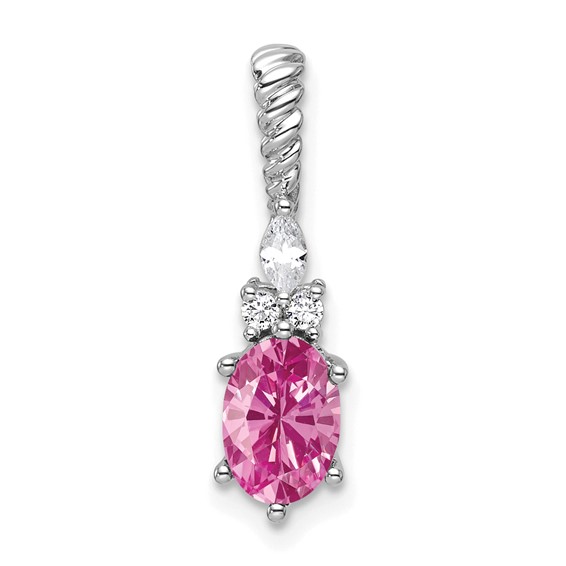 14K White Gold Diamond and 7x5 Oval October/Lab Created Pink Sapphire Twisted Chain Slide