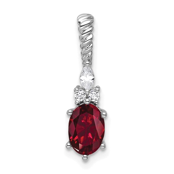 14K White Gold Diamond and 7x5 Oval July/Lab Created Ruby Twisted Chain Slide