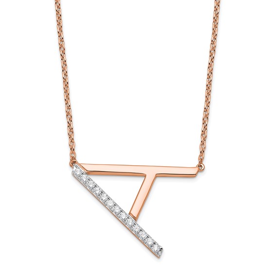 14K Rose Sideways Diamond Initial A Necklace
