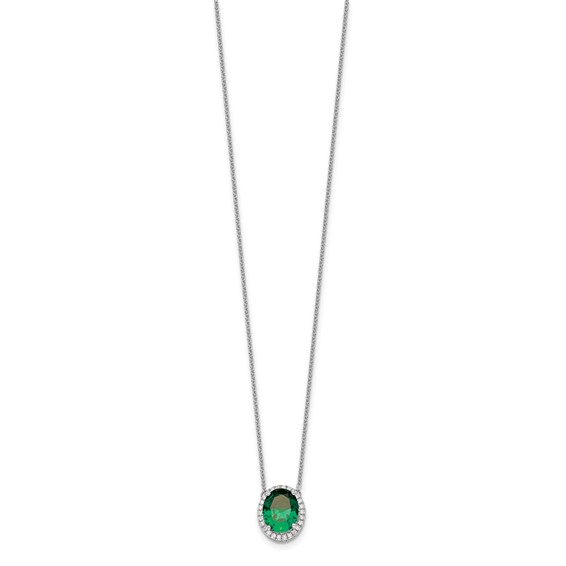 14k White Gold 10x8mm Oval Lab Created Emerald and Diamond Halo 18 inch Necklace