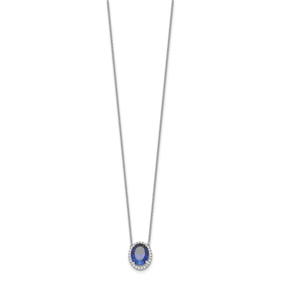 14k White Gold 10x8mm Oval Lab Created Sapphire and Diamond 18 inch Halo Necklace