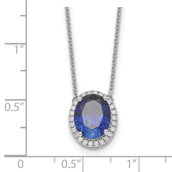 14k White Gold 10x8mm Oval Lab Created Sapphire and Diamond 18 inch Halo Necklace