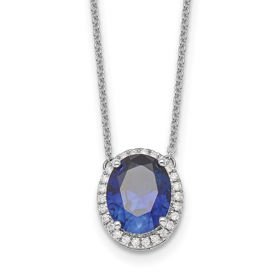 14k White Gold 10x8mm Oval Lab Created Sapphire and Diamond 18 inch Halo Necklace