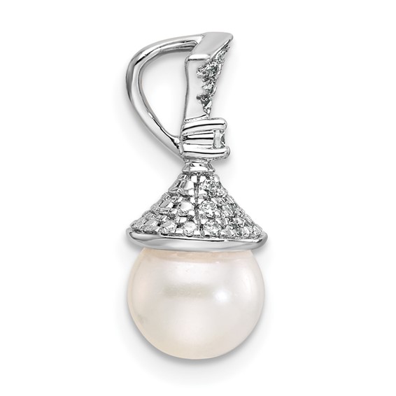 14K White Gold Polished 1/8 carat Diamond and White Freshwater Cultured Pearl Chain Slide