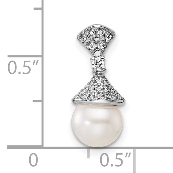 14K White Gold Polished 1/8 carat Diamond and White Freshwater Cultured Pearl Chain Slide