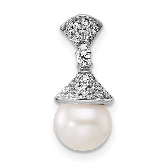 14K White Gold Polished 1/8 carat Diamond and White Freshwater Cultured Pearl Chain Slide