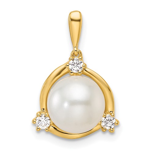 14K Yellow Gold 0.12 Carat Lab Grown Diamond VS SI+ G+ and 8.00 Mm Round Freshwater Cultured Pearl Pendant