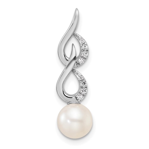 14K White Gold Polished 1/20 carat Diamond and White Freshwater Cultured Pearl Chain Slide