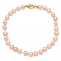 14K Yellow Gold 5-6mm Pink Near-Round Freshwater Cultured Pearl Bracelet, 7.5" view 3