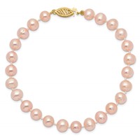 14K Yellow Gold 6-7mm Pink Near-Round Freshwater Cultured Pearl Bracelet, 7.5" view 3