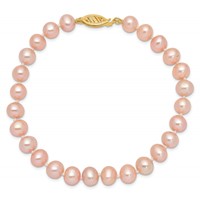 14K Yellow Gold 7-8mm Pink Near-Round Freshwater Cultured Pearl Bracelet, 7.5" view 3