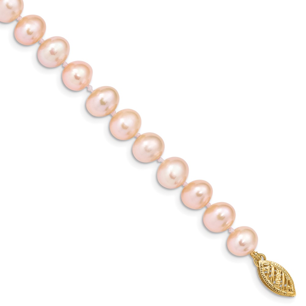 14K Yellow Gold 7-8mm Pink Near-Round Freshwater Cultured Pearl Bracelet, 7.5"