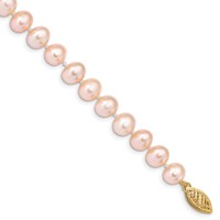 14K Yellow Gold 7-8mm Pink Near-Round Freshwater Cultured Pearl Bracelet, 7.5" view 1