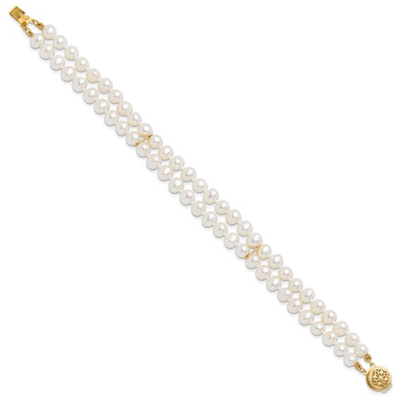 14k 5-6mm White Near-Round Freshwater Cultured Pearl 2-Strand 7.5 inch Bracelet