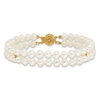 14K Yellow Gold 5-6mm White Near-Round Freshwater Cultured Pearl 2-Strand Bracelet, 7.5" view 3