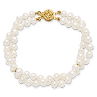 14K Yellow Gold 5-6mm White Near-Round Freshwater Cultured Pearl 2-Strand Bracelet, 7.5" view 4