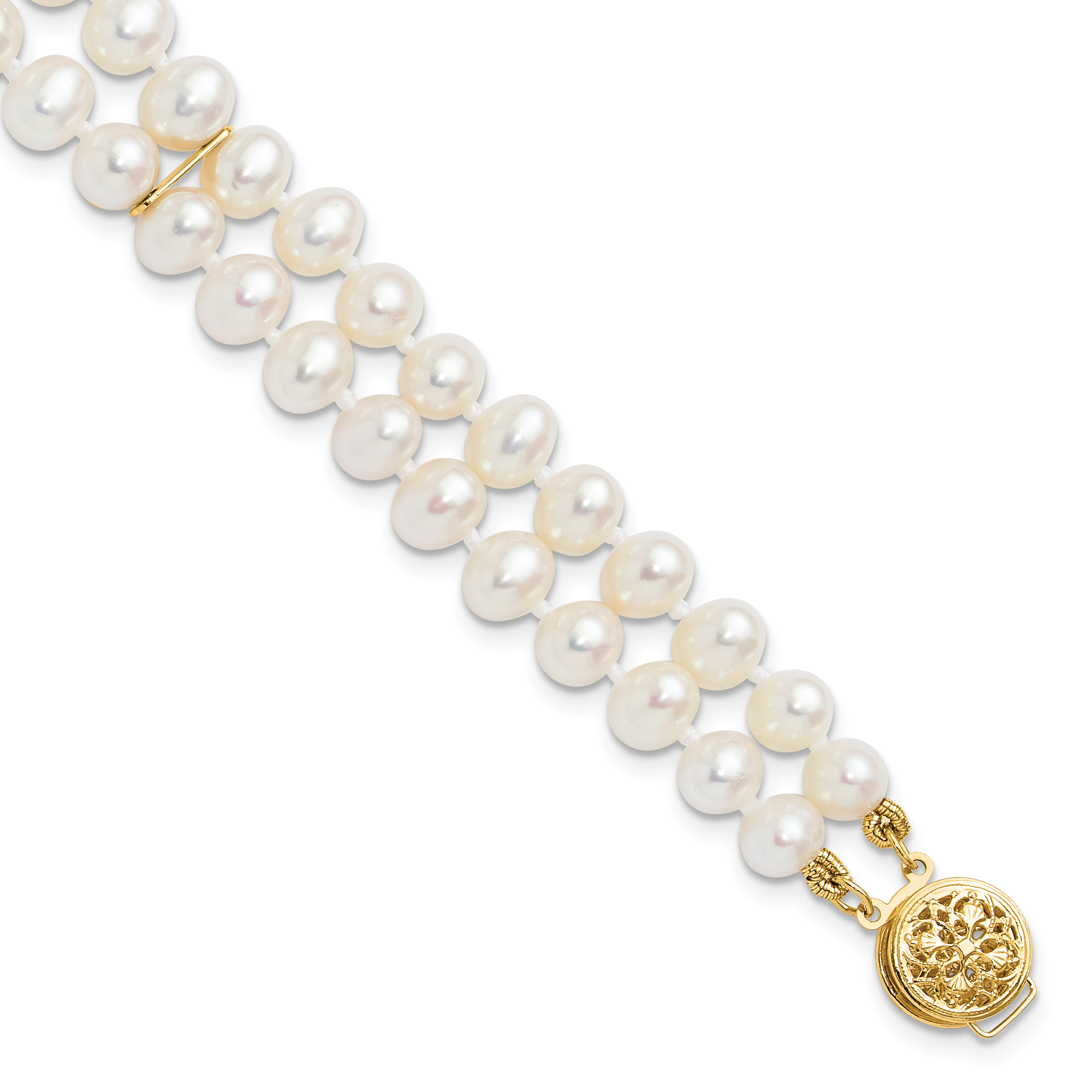 14k 5-6mm White Near-Round Freshwater Cultured Pearl 2-Strand 7.5 inch Bracelet (PR13-7.5)