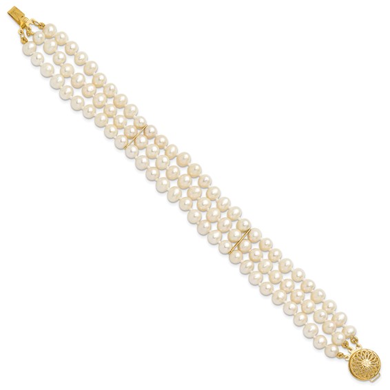 14k 5-6mm White Near-Round Freshwater Cultured Pearl 3-Strand 7.5 inch Bracelet