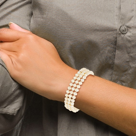 14k 5-6mm White Near-Round Freshwater Cultured Pearl 3-Strand 7.5 inch Bracelet