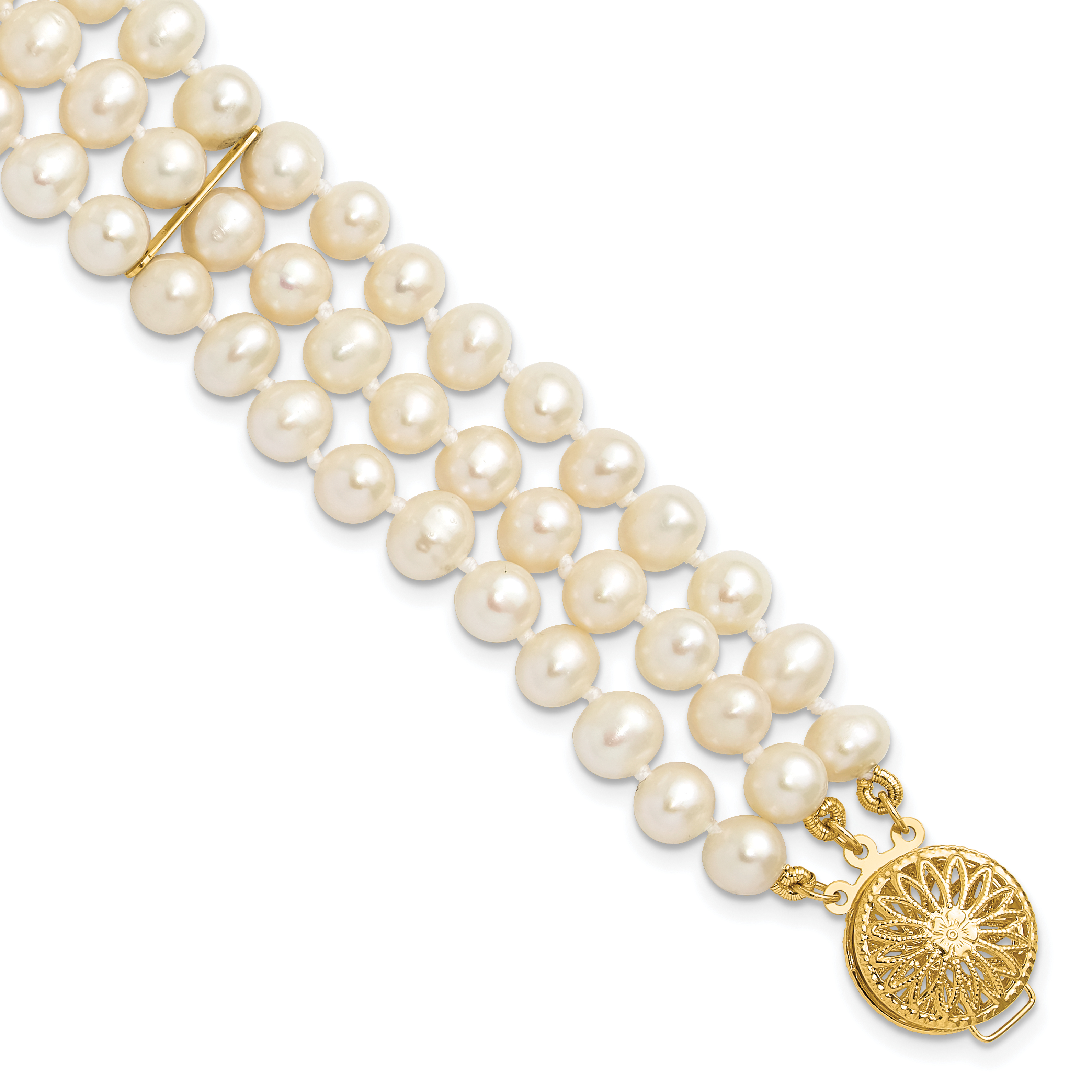 14k 5-6mm White Near-Round Freshwater Cultured Pearl 3-Strand 7.5 inch Bracelet (PR14-7.5)