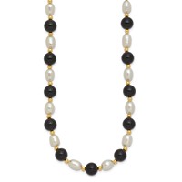 14K Yellow Gold 6-7mm White Rice Freshwater Cultured Pearl and Onyx Beads Necklace, 17" view 2