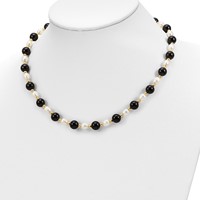 14K Yellow Gold 6-7mm White Rice Freshwater Cultured Pearl and Onyx Beads Necklace, 17" view 3