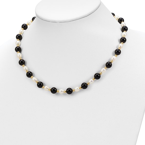 14k 6-7mm White Rice Freshwater Cultured Pearl and Onyx Beads 17 inch Necklace