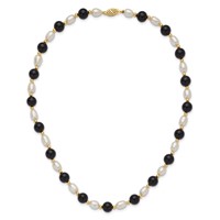 14K Yellow Gold 6-7mm White Rice Freshwater Cultured Pearl and Onyx Beads Necklace, 17" view 5