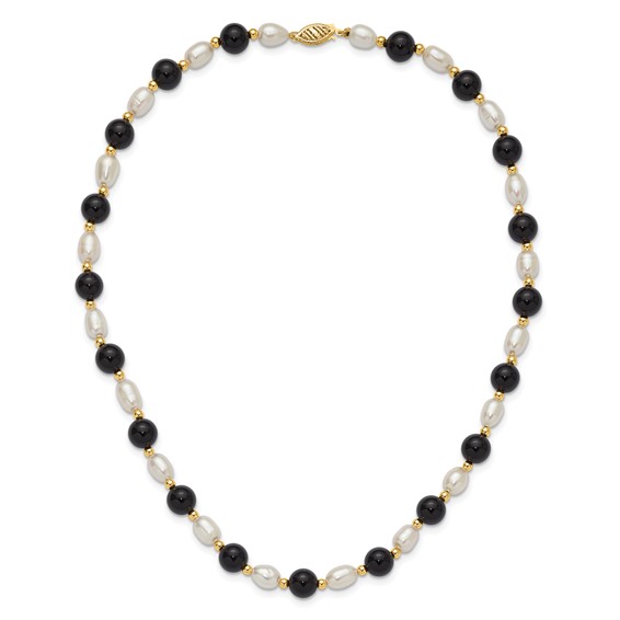 14k 6-7mm White Rice Freshwater Cultured Pearl and Onyx Beads 17 inch Necklace