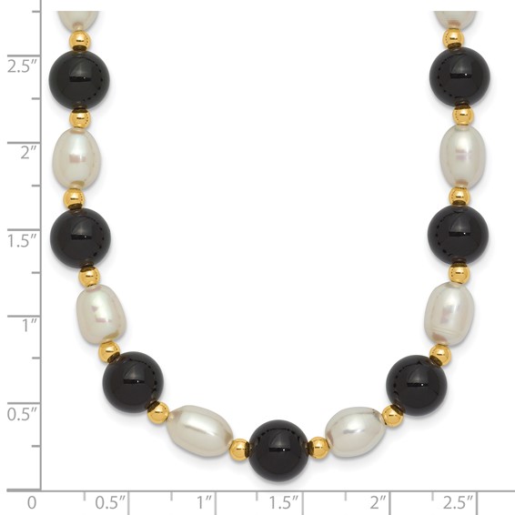 14k 6-7mm White Rice Freshwater Cultured Pearl and Onyx Beads 17 inch Necklace