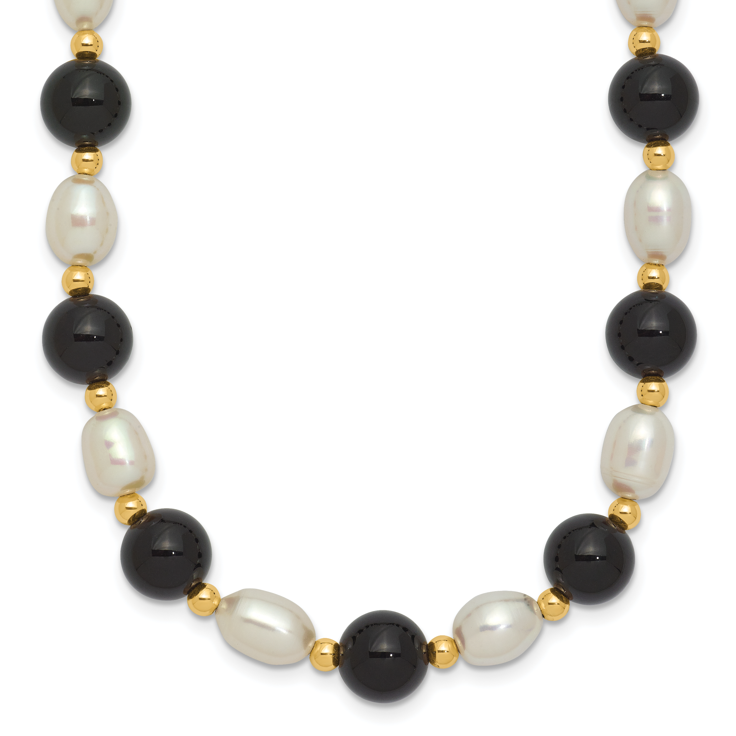 14k 6-7mm White Rice Freshwater Cultured Pearl and Onyx Beads 17 inch Necklace (PR34-17)