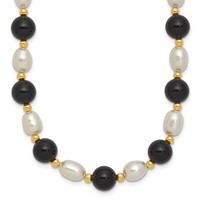 14K Yellow Gold 6-7mm White Rice Freshwater Cultured Pearl and Onyx Beads Necklace, 17" view 1
